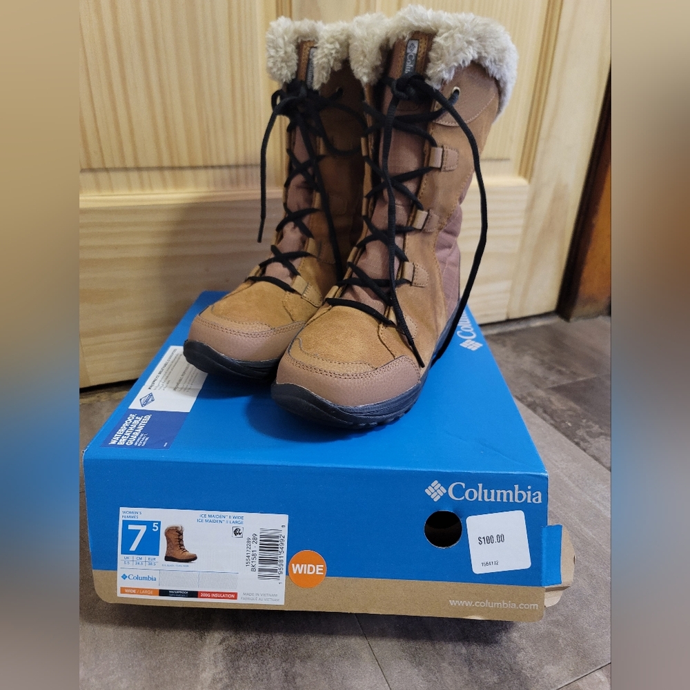 NWB RARE Columbia Ice Maiden II Waterproof Women's Elk Brown Boots 7.5 WIDE